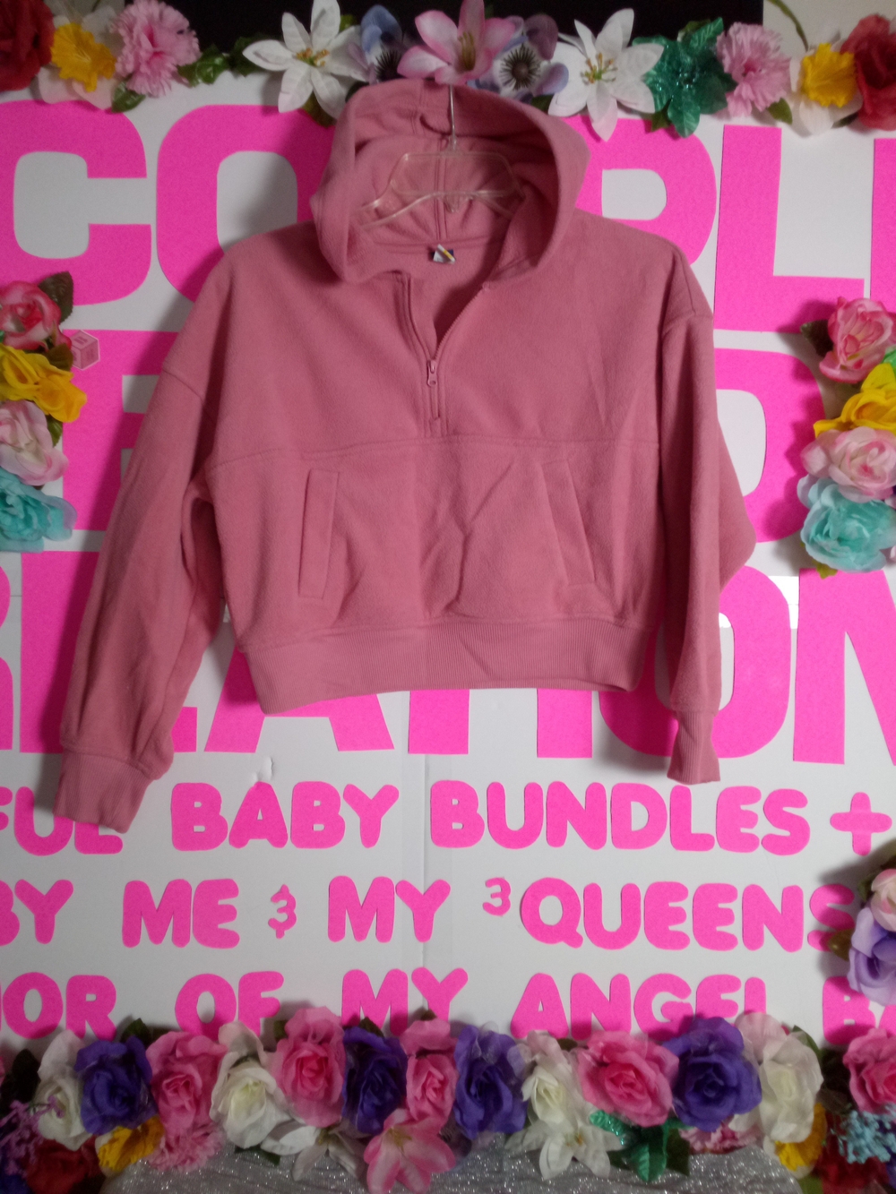 Cropped Pink Half-Zip Fleece Hoodie